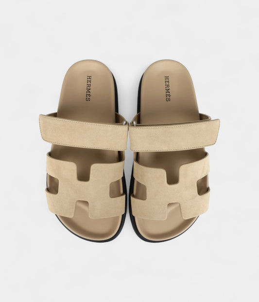 Hermès Chypre Techno Sandals Beige Lin Suede Palladium Hardware 35 EU