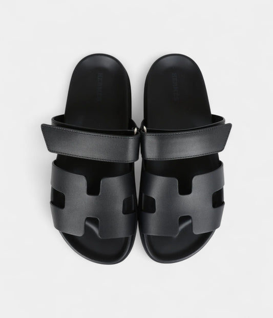 Hermès Chypre Techno Sandals Black Calfskin Palladium Hardware 38 EU
