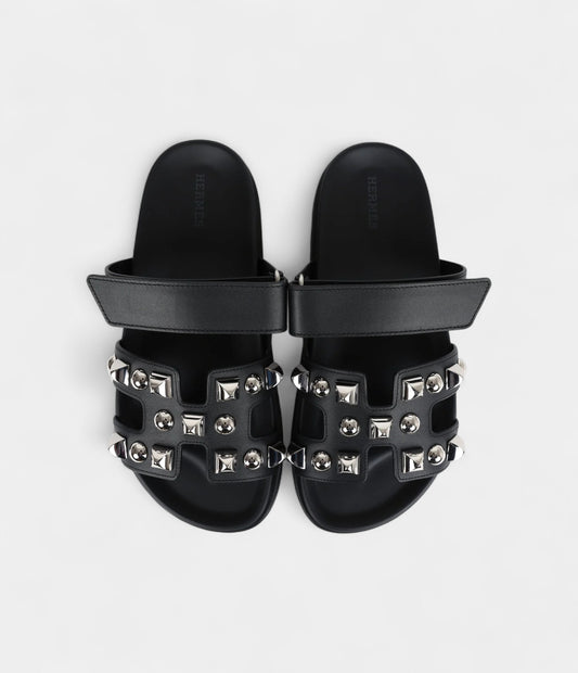 Hermès Chypre Techno Sandals Black Studded Calfskin Palladium Hardware 37.5 EU