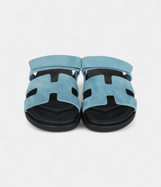 Hermès Chypre Techno Sandals Bleu Mineral Suede Palladium Hardware 37 EU