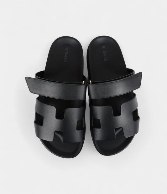 Hermès Chypre Techno Sandals Black Calfskin Palladium Hardware 38.5 EU