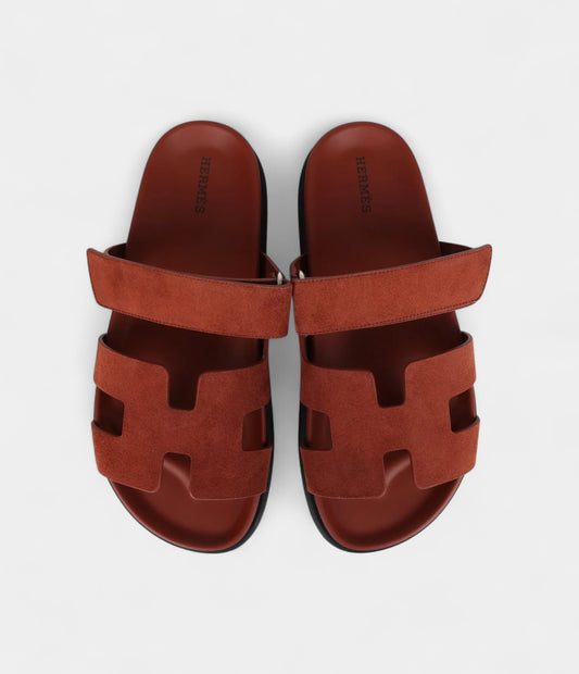 Hermès Chypre Techno Sandals Maroon Muscavado Suede Palladium Hardware 38.5 EU