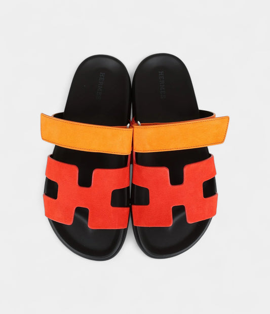 Hermès Chypre Techno Sandals Sunset/Rouge Ecarlate Suede Palladium Hardware 37 EU