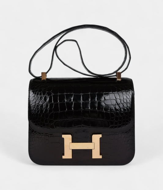 Hermès Constance 24 Black Shiny Alligator Rose Gold Hardware