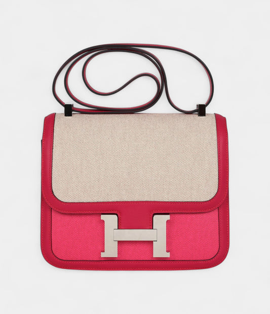 Hermès Constance 24 Rose Shocking and Ecru Toile H Berline and Framboise Swift Palladium Hardware