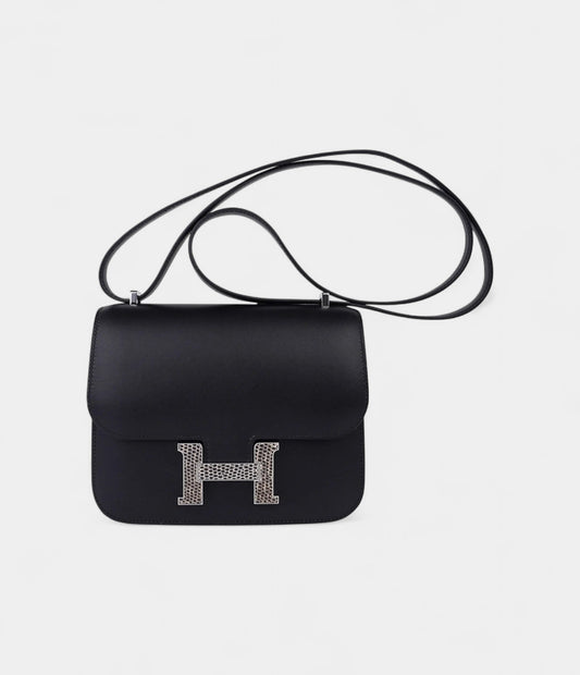 Hermes Constance Bag 18 Black / Ombre Lizard Buckle Madame Leather New
