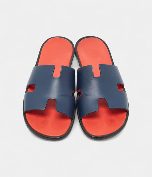 Hermès Dark Blue Leather Izmir Slide Flats 42.5 EU