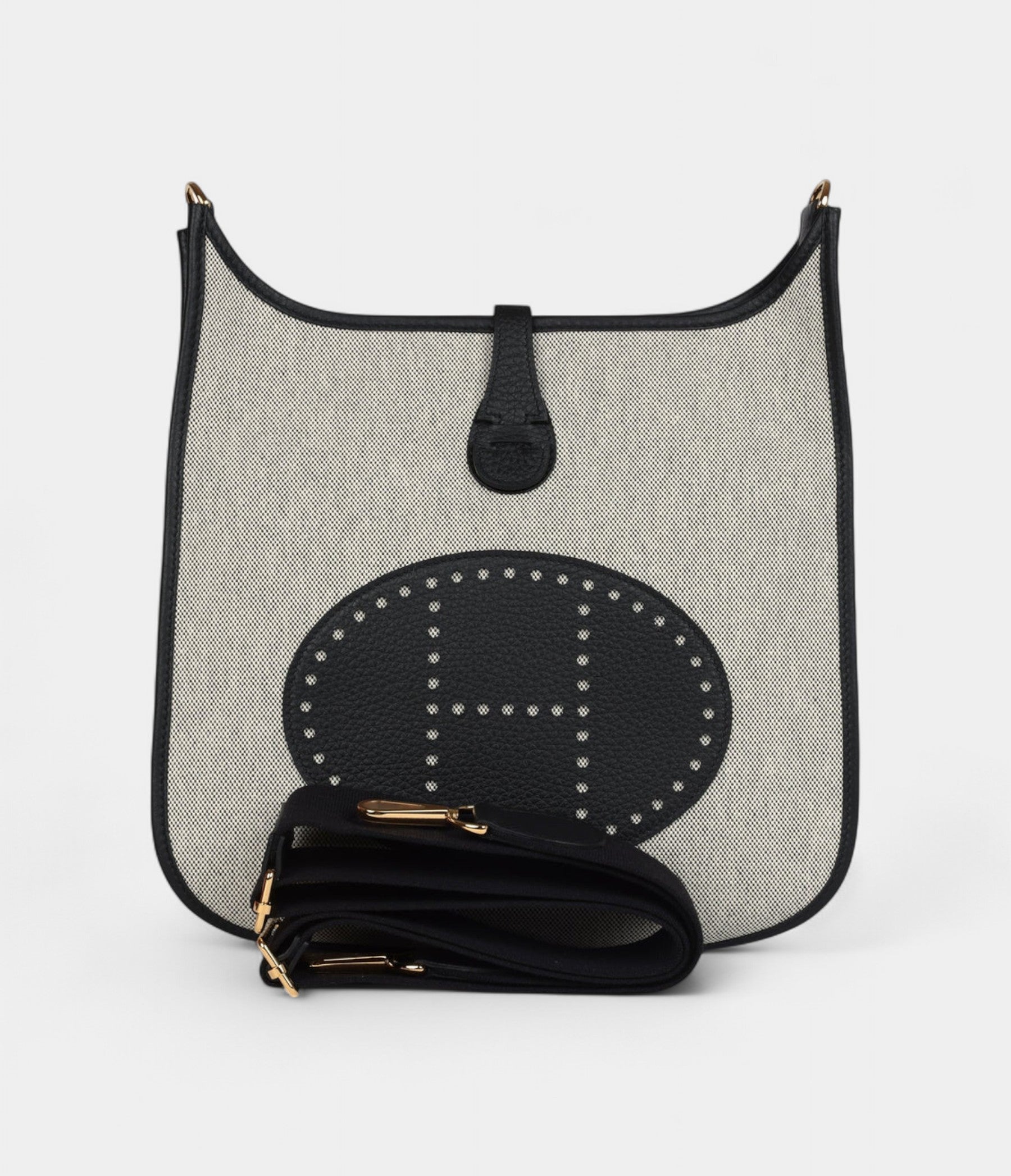 Hermès Evelyne III PM Black Clemence and Ecru Toile Gold Hardware