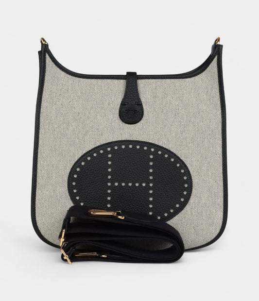 Hermès Evelyne III PM Black Clemence and Ecru Toile Gold Hardware