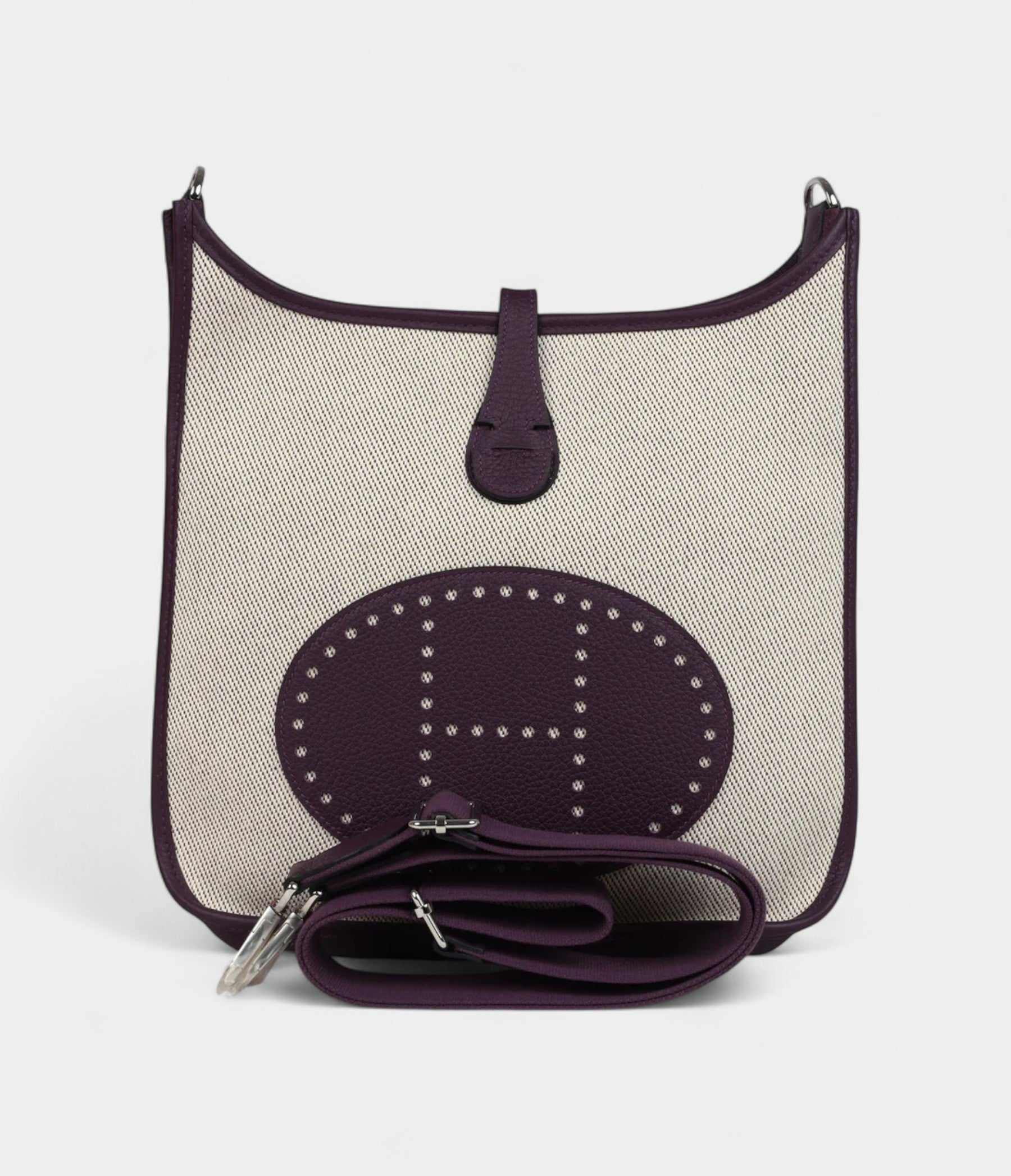 Hermès Evelyne III PM Cassis Clemence and Ecru Toile H Palladium Hardware