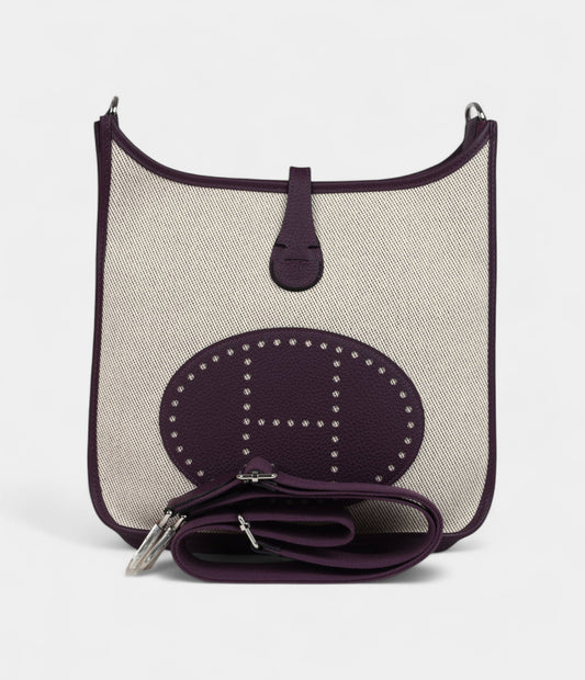 Hermès Evelyne III PM Cassis Clemence and Ecru Toile H Palladium Hardware