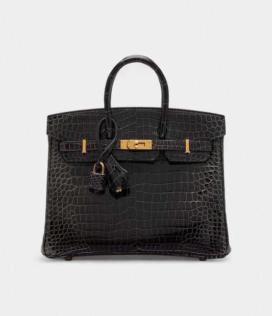 Hermès Graphite Shiny Porosus Crocodile Birkin 25 Gold Hardware
