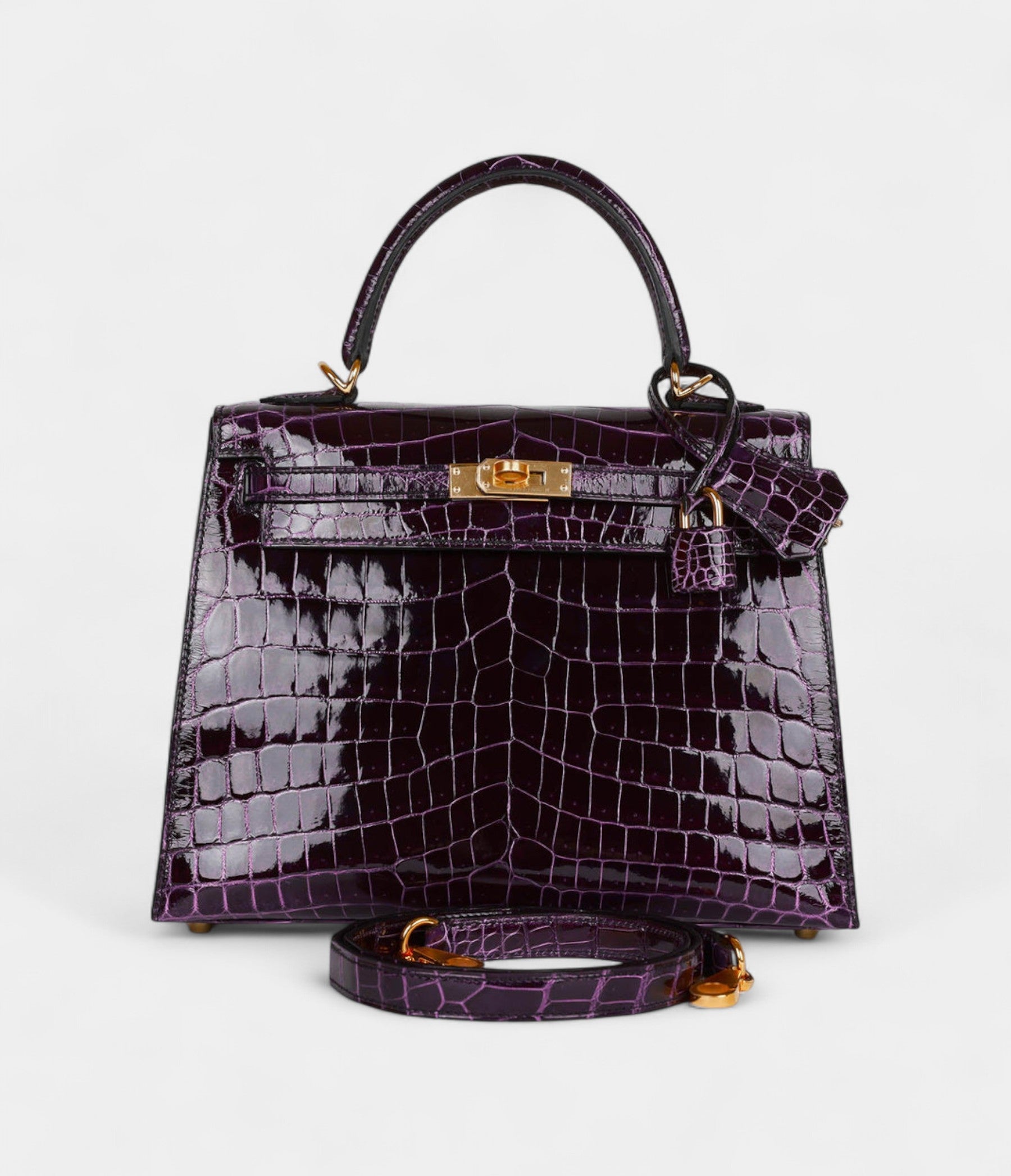 Hermes Kelly 25 Aubergine Shiny Niloticus Crocodile Gold Hardware
