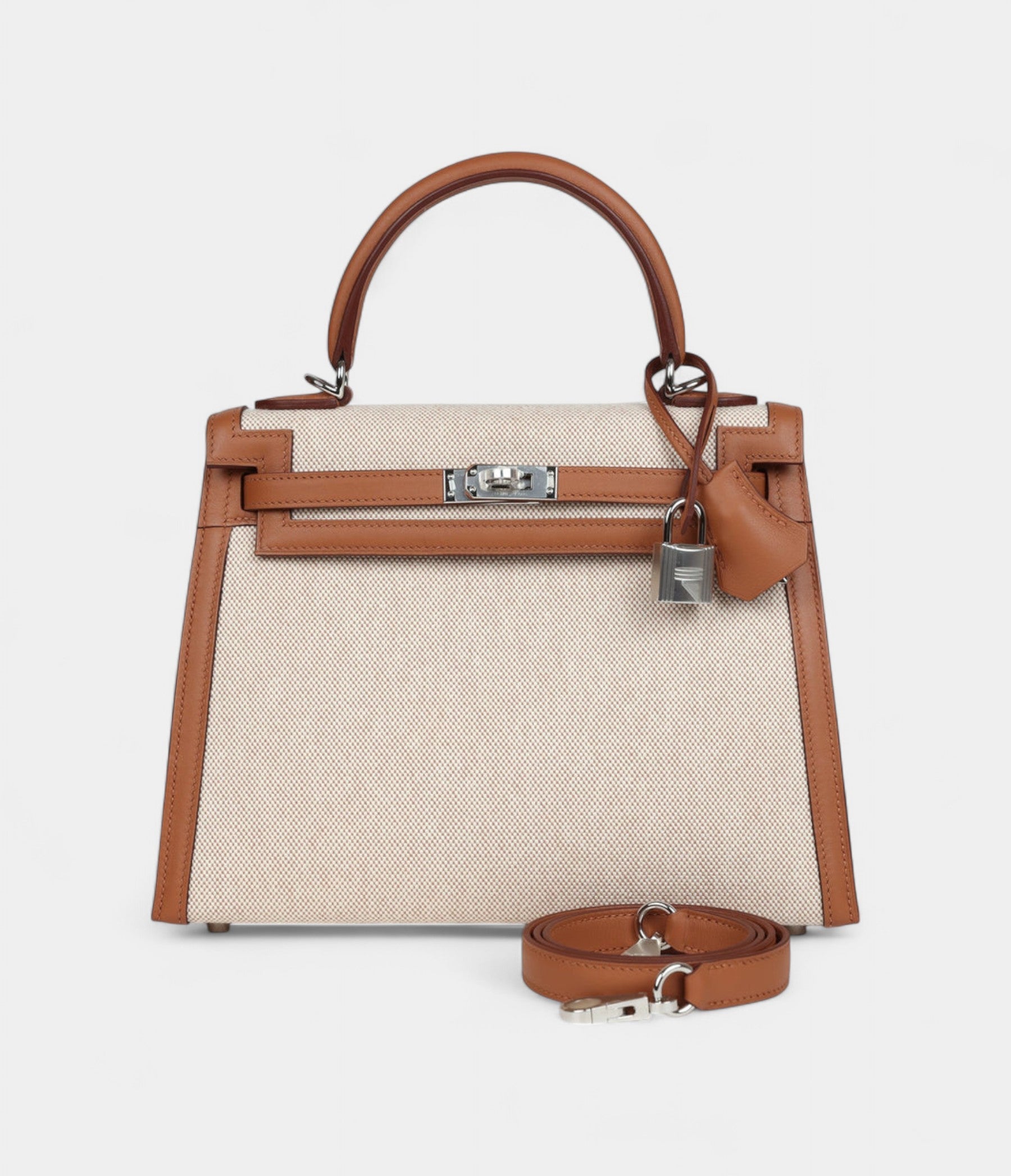 Hermes Kelly 25 Gold Swift and Ecru Toile Palladium Hardware
