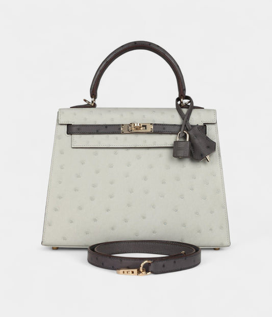 Hermes Kelly 25 Gris Perle and Graphite Ostrich Permabrass Hardware