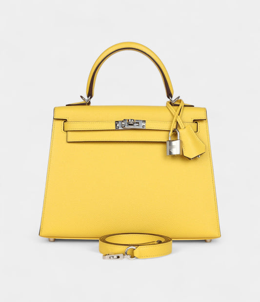Hermes Kelly 25 Jaune De Naples Epsom Palladium Hardware
