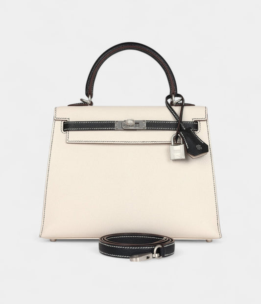 Hermes Kelly 25 Nata and Black Chevre Mysore Brushed Palladium Hardware
