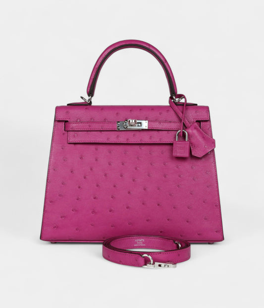 Hermes Kelly 25 Rose Purple Ostrich Palladium Hardware