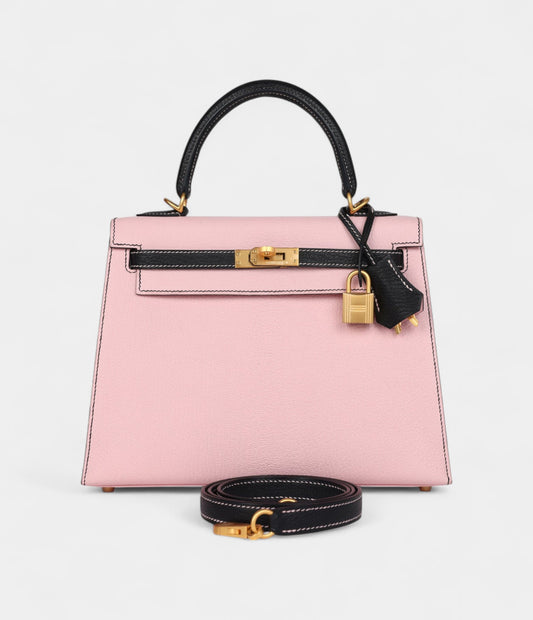 Hermes Kelly 25 Rose Sakura and Black Chevre Mysore Brushed Gold Hardware