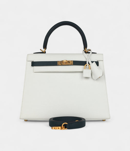Hermes Kelly 25 White and Vert Cypress Epsom Brushed Gold Hardware