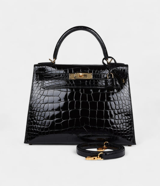 Hermes Kelly 28 Black Shiny Alligator Gold Hardware