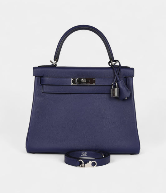 Hermes Kelly 28 Bleu Encre Verso Evercolor Palladium Hardware