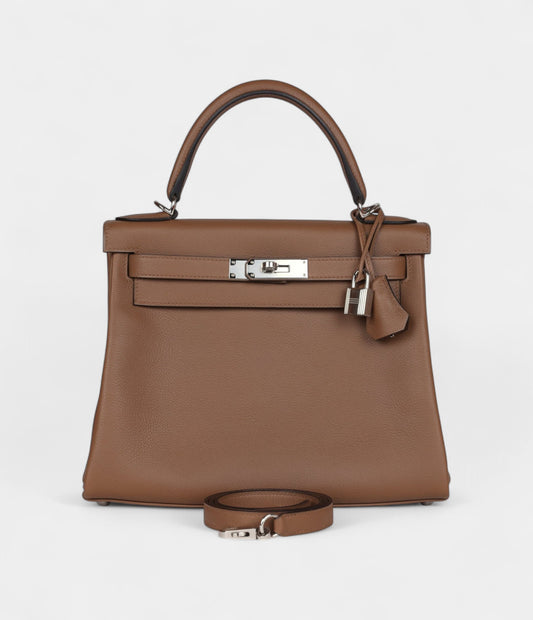 Hermes Kelly 28 Chestnut Evercolor Palladium Hardware