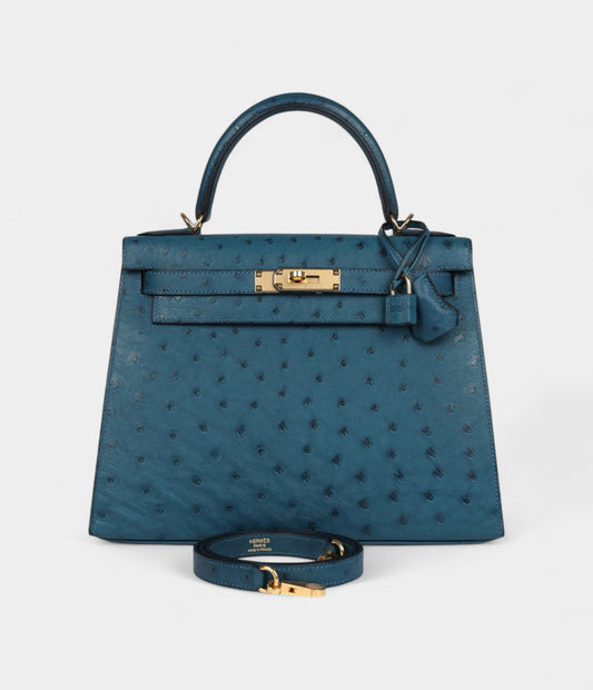 Hermes Kelly 28 Cobalt Ostrich Gold Hardware