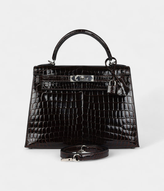 Hermes Kelly 28 Cocoan Shiny Niloticus Crocodile Palladium Hardware