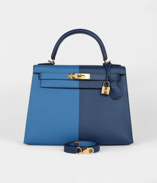 Hermes Kelly 28 Deep Blue Coat and Mykonos Epsom Gold Hardware