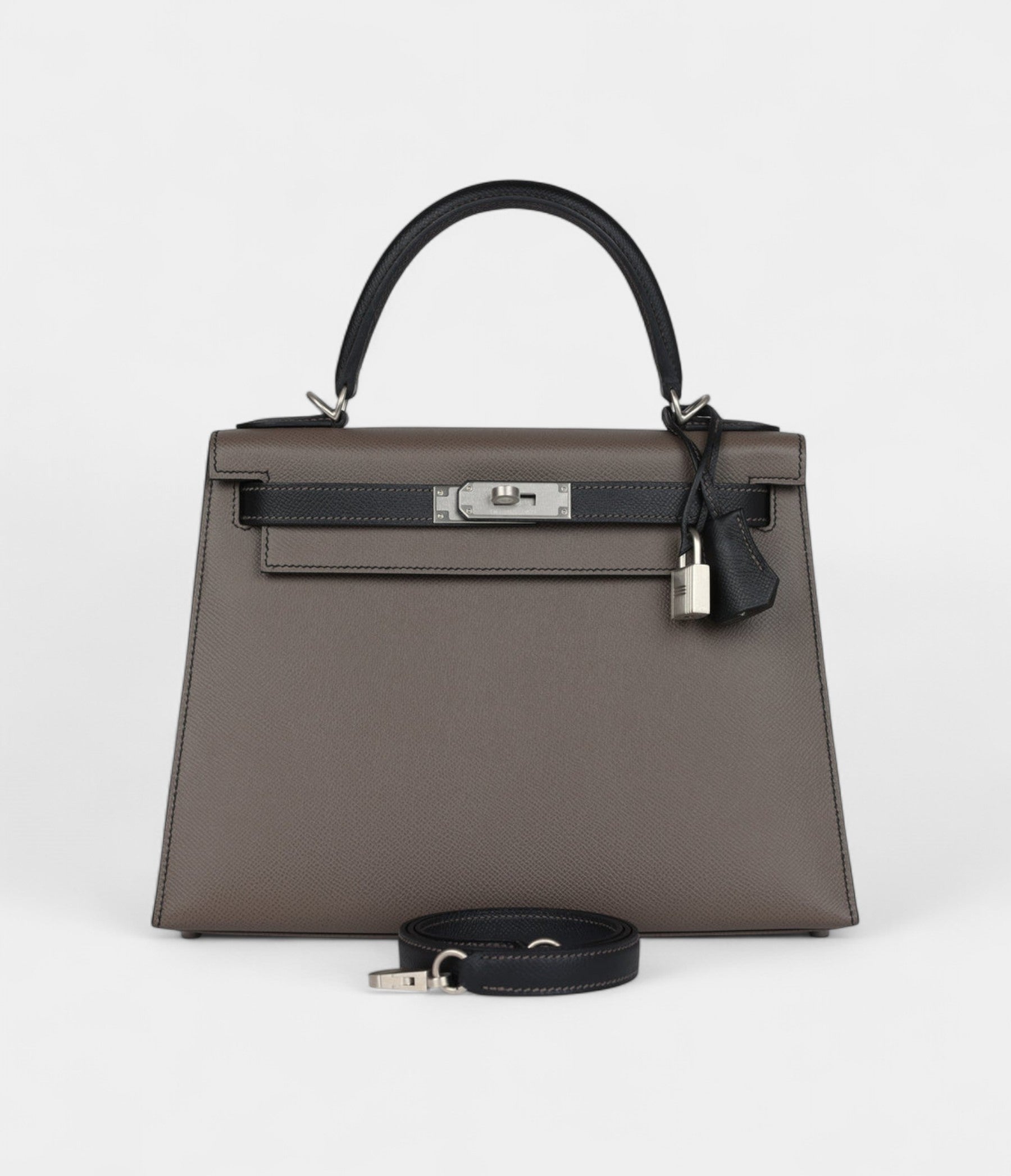 Hermes Kelly 28 Etain and Black Epsom Brushed Palladium Hardware