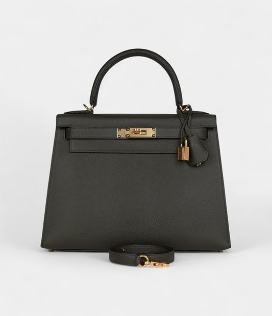 Hermes Kelly 28 Green Grey Epsom Gold Hardware