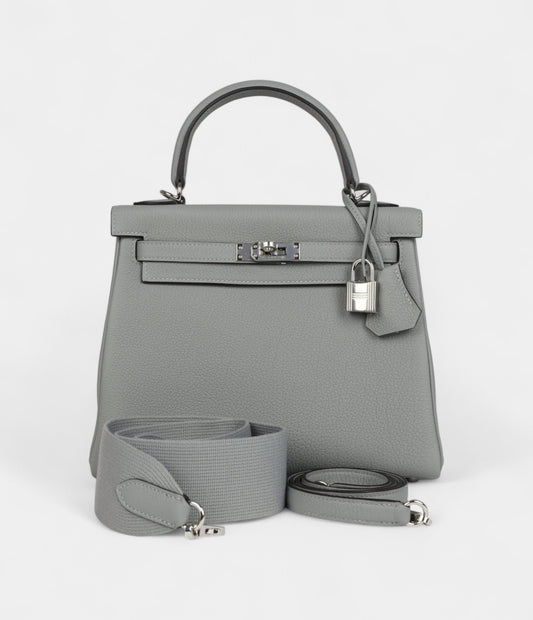 Hermes Kelly 28 Grey Seagull Togo Palladium Hardware