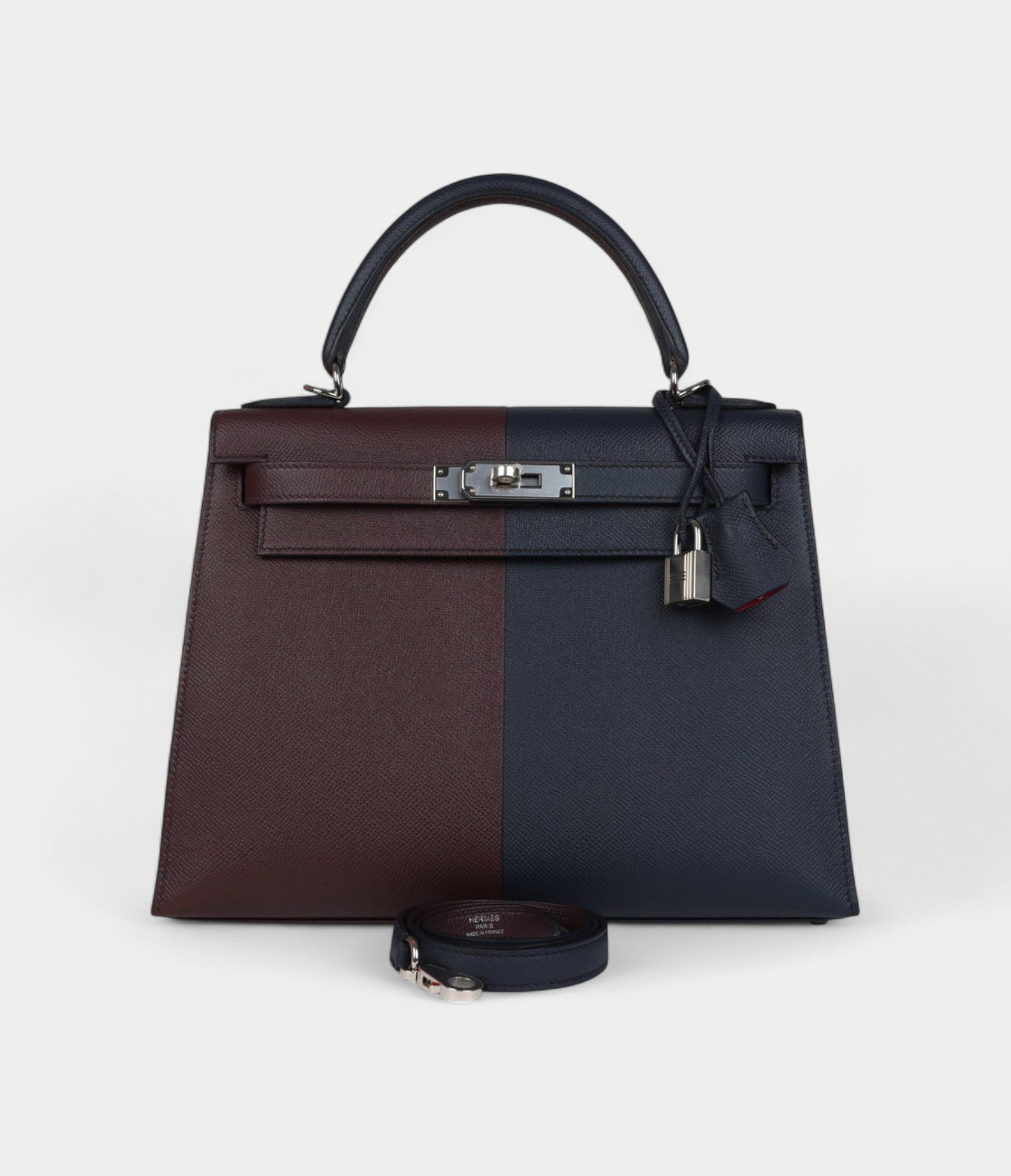 Hermes Kelly 28 Indigo Blue and Red Sellier Epsom Coat Palladium Hardware