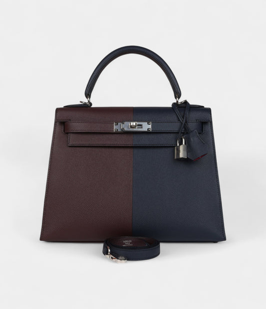 Hermes Kelly 28 Indigo Blue and Red Sellier Epsom Coat Palladium Hardware