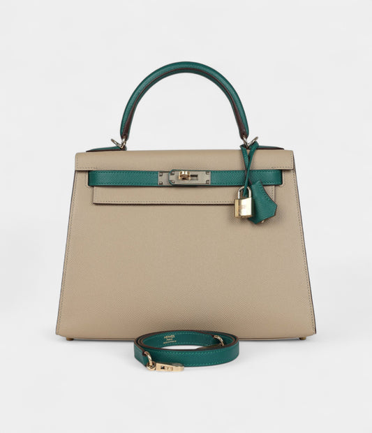 Hermes Kelly 28 Malachite and Trench Epsom Permabrass Hardware