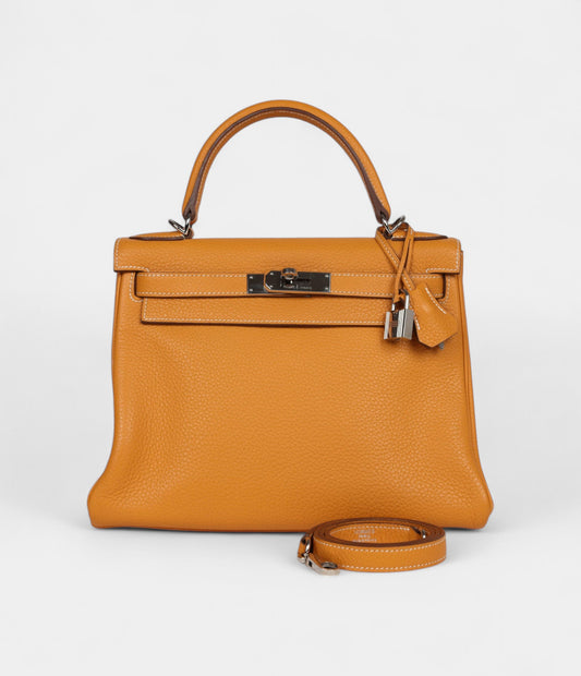 Hermes Kelly 28 Mustard Clemence Palladium Hardware