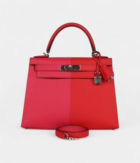 Hermes Kelly 28 Red Heart, Rose Extreme and Zanzibar Blue Epsom Palladium Hardware