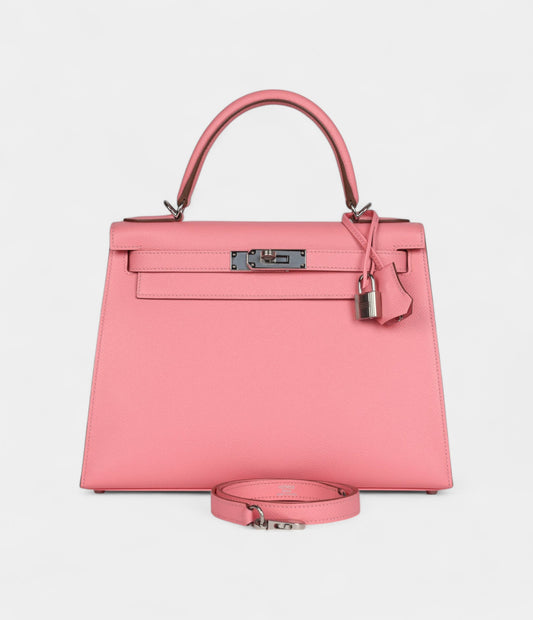 Hermes Kelly 28 Rose Confetti Epsom Palladium Hardware