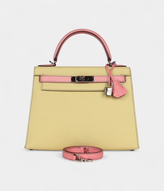 Hermes Kelly 28 Rose Confetti and Jaune Poussin Epsom Palladium Hardware