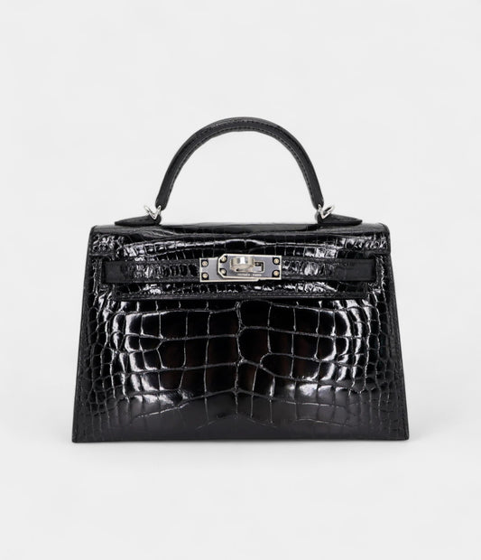 Hermès Kelly II Sellier Mini Black Shiny Alligator Palladium Hardware