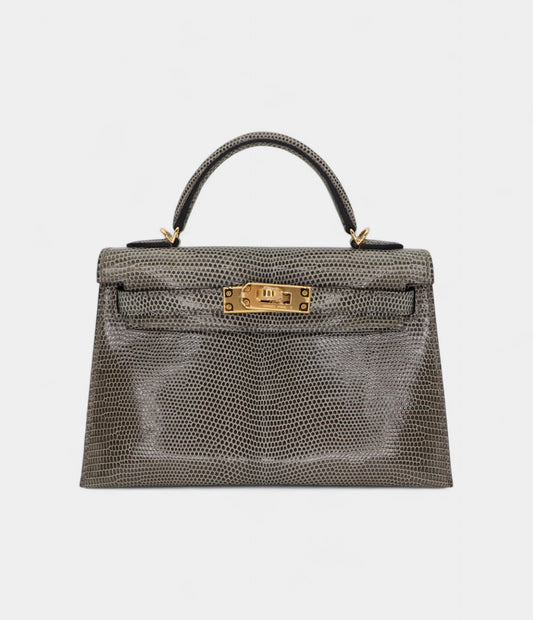 Hermès Kelly II Sellier Mini Gris Fonce Shiny Lizard Gold Hardware