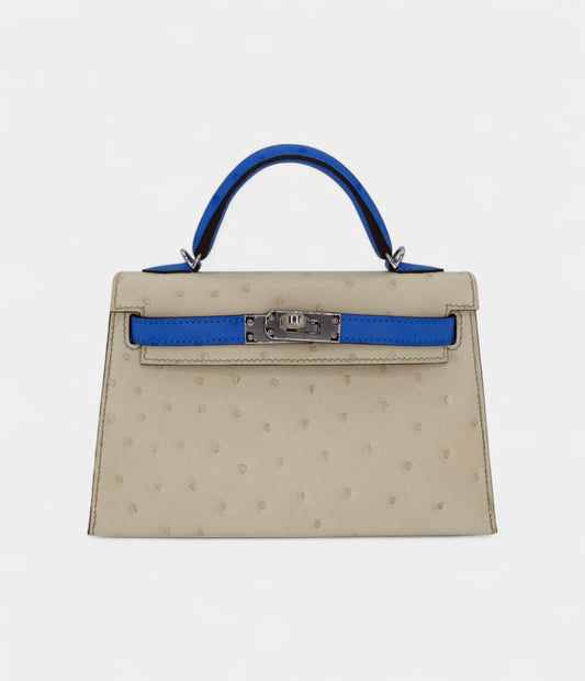 Hermès Kelly II Sellier Mini Beton/Bluette Ostrich Palladium Hardware