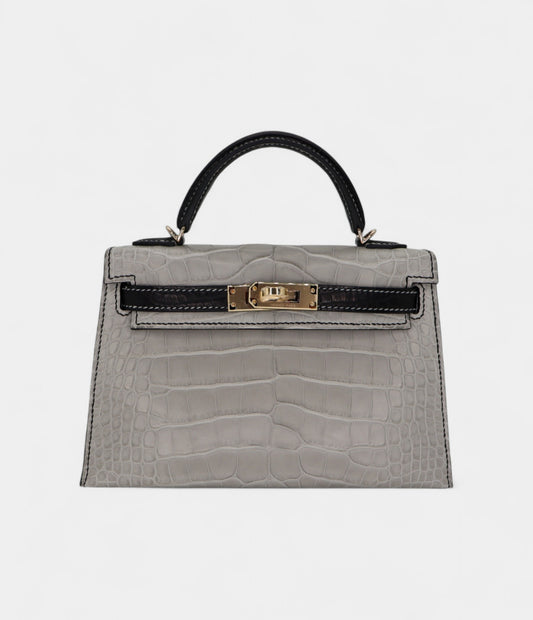 Hermès Kelly II Sellier Mini Gris Perle/Black Matte Alligator Permabrass Hardware