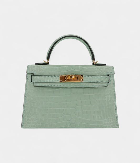 Hermès Kelly II Sellier Mini Vert D'eau Matte Porosus Crocodile Gold Hardware