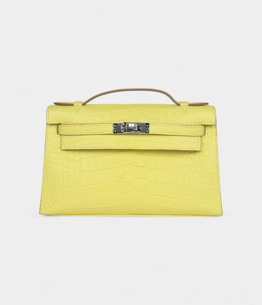 Hermès Kelly Pochette Lime Matte Alligator Palladium Hardware