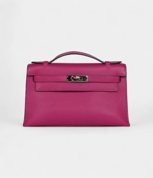Hermès Kelly Pochette Rose Pourpre Swift Palladium Hardware