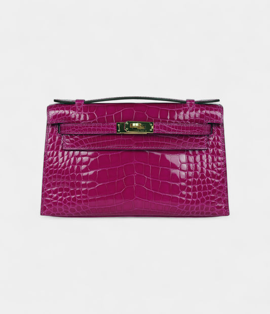 Hermès Kelly Pochette Rose Scheherazade Shiny Alligator Gold Hardware