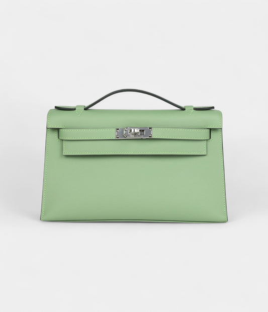 Hermès Kelly Pochette Vert Criquet Swift Palladium Hardware