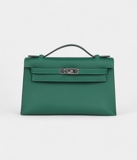 Hermès Kelly Pochette Vert Moyen Swift Palladium Hardware